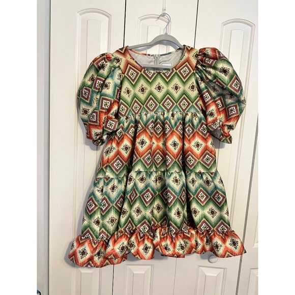 Autumn Adeigbo‎ Oona Abstract Printed Puffed-Sleeve Tiered Mini Dress 2 - Picture 2 of 8